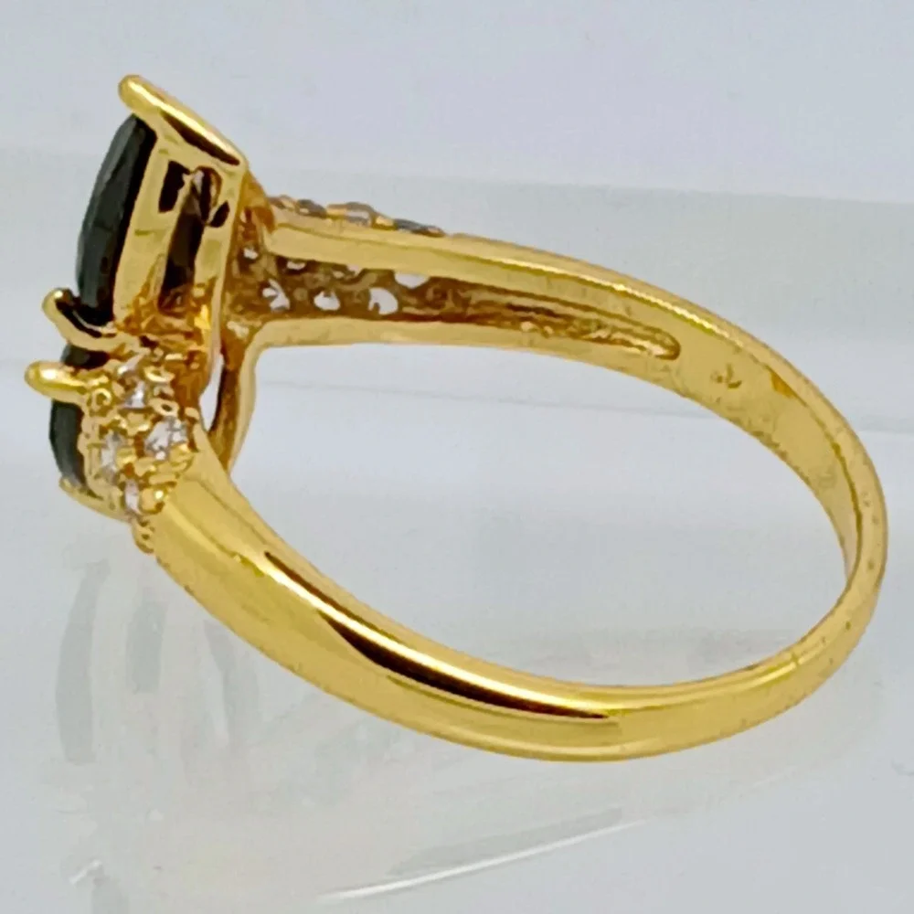 Vintage Gold Tone Bypass Black Pear Cut Pavé Sim Diamond CZ Accent Ring Size 7.5
